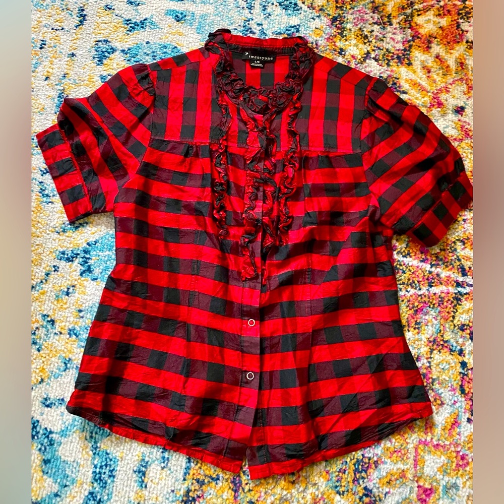 SILK Buffalo check plaid button-up ruffle blouse MED / LARGE vintage inspo EUC